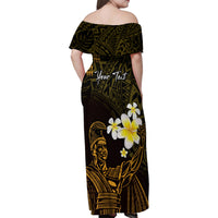 Personalised Hawaii King Kamehameha Day Family Matching Off Shoulder Maxi Dress and Hawaiian Shirt Plumeria With Kakau Pattern - Gold LT14 - Polynesian Pride