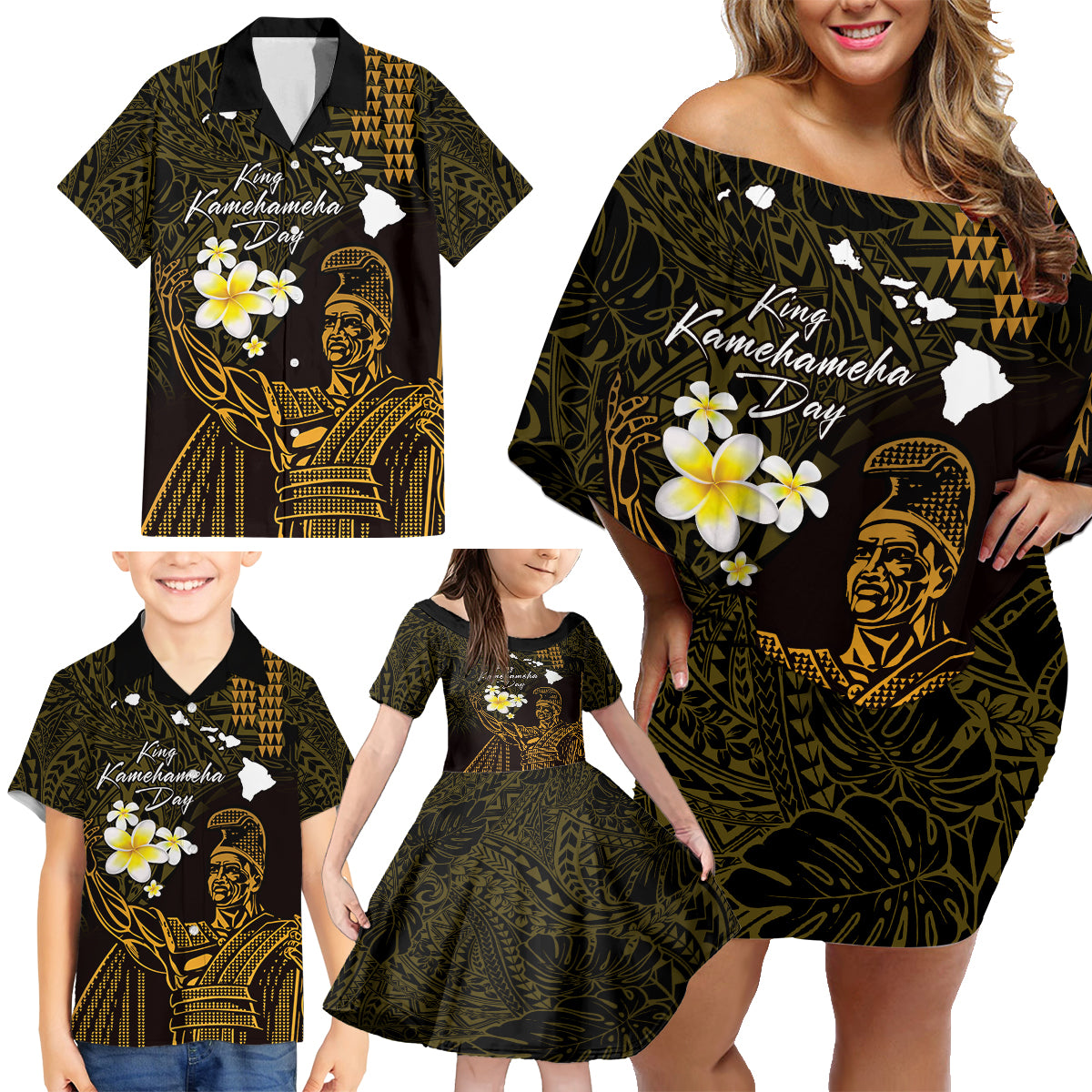 Personalised Hawaii King Kamehameha Day Family Matching Off Shoulder Short Dress and Hawaiian Shirt Plumeria With Kakau Pattern - Gold LT14 - Polynesian Pride