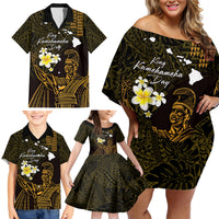 Personalised Hawaii King Kamehameha Day Family Matching Off Shoulder Short Dress and Hawaiian Shirt Plumeria With Kakau Pattern - Gold LT14 - Polynesian Pride