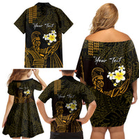 Personalised Hawaii King Kamehameha Day Family Matching Off Shoulder Short Dress and Hawaiian Shirt Plumeria With Kakau Pattern - Gold LT14 - Polynesian Pride