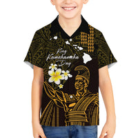 Personalised Hawaii King Kamehameha Day Family Matching Off Shoulder Short Dress and Hawaiian Shirt Plumeria With Kakau Pattern - Gold LT14 Son's Shirt Gold - Polynesian Pride