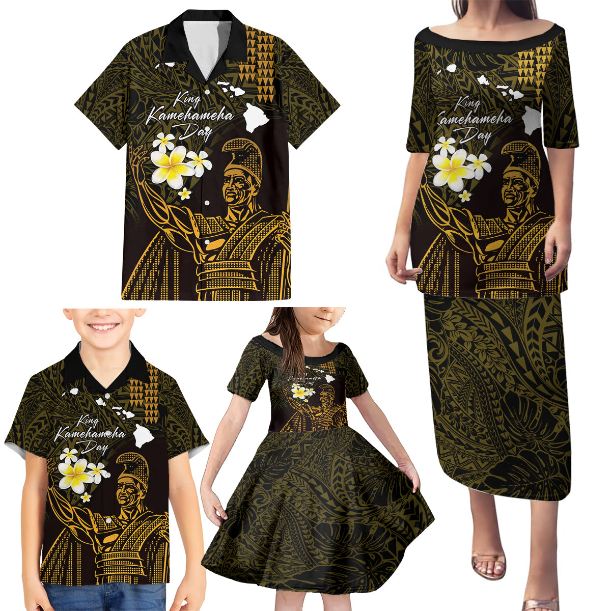 Personalised Hawaii King Kamehameha Day Family Matching Puletasi and Hawaiian Shirt Plumeria With Kakau Pattern - Gold LT14 - Polynesian Pride