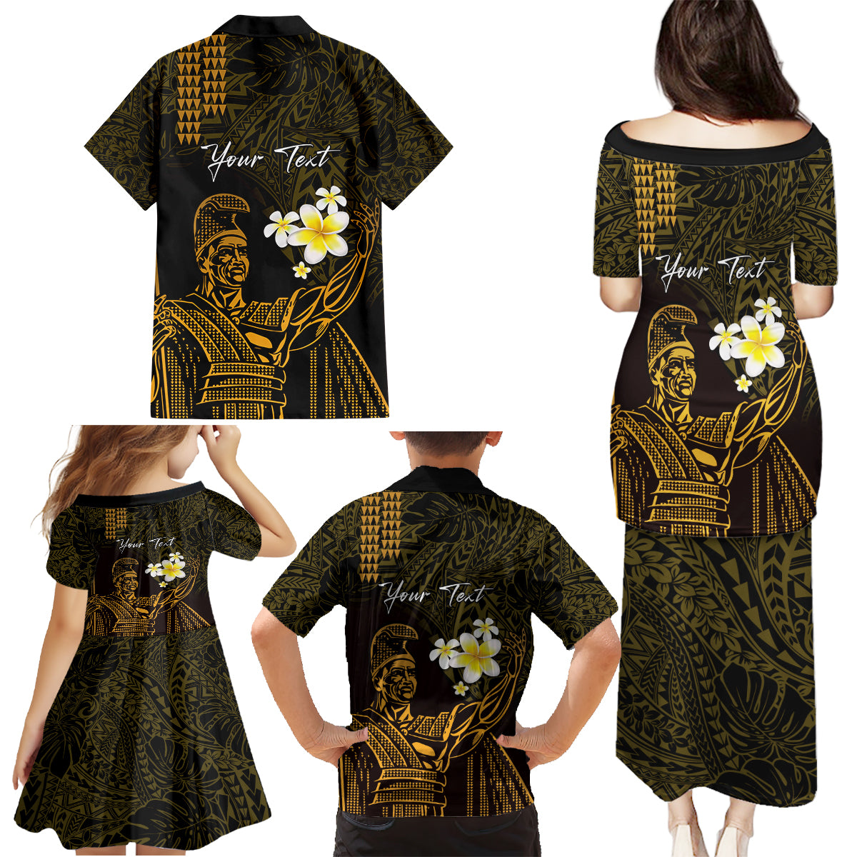Personalised Hawaii King Kamehameha Day Family Matching Puletasi and Hawaiian Shirt Plumeria With Kakau Pattern - Gold LT14 - Polynesian Pride