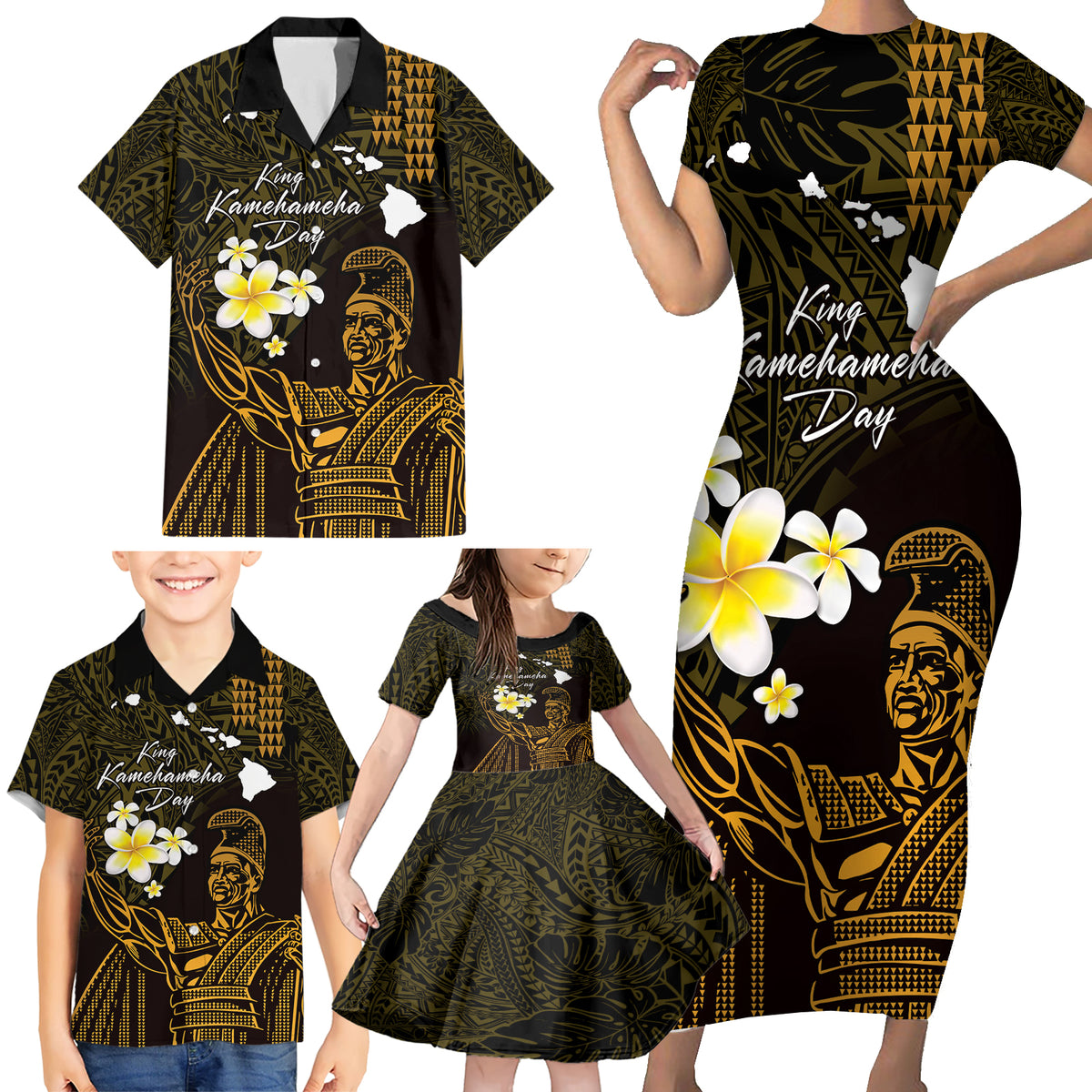 Personalised Hawaii King Kamehameha Day Family Matching Short Sleeve Bodycon Dress and Hawaiian Shirt Plumeria With Kakau Pattern - Gold LT14 - Polynesian Pride