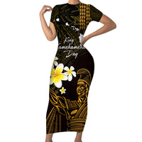 Personalised Hawaii King Kamehameha Day Family Matching Short Sleeve Bodycon Dress and Hawaiian Shirt Plumeria With Kakau Pattern - Gold LT14 Mom's Dress Gold - Polynesian Pride