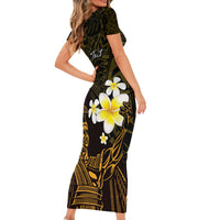 Personalised Hawaii King Kamehameha Day Family Matching Short Sleeve Bodycon Dress and Hawaiian Shirt Plumeria With Kakau Pattern - Gold LT14 - Polynesian Pride