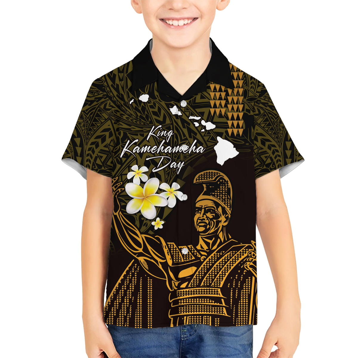 Personalised Hawaii King Kamehameha Day Family Matching Short Sleeve Bodycon Dress and Hawaiian Shirt Plumeria With Kakau Pattern - Gold LT14 Son's Shirt Gold - Polynesian Pride