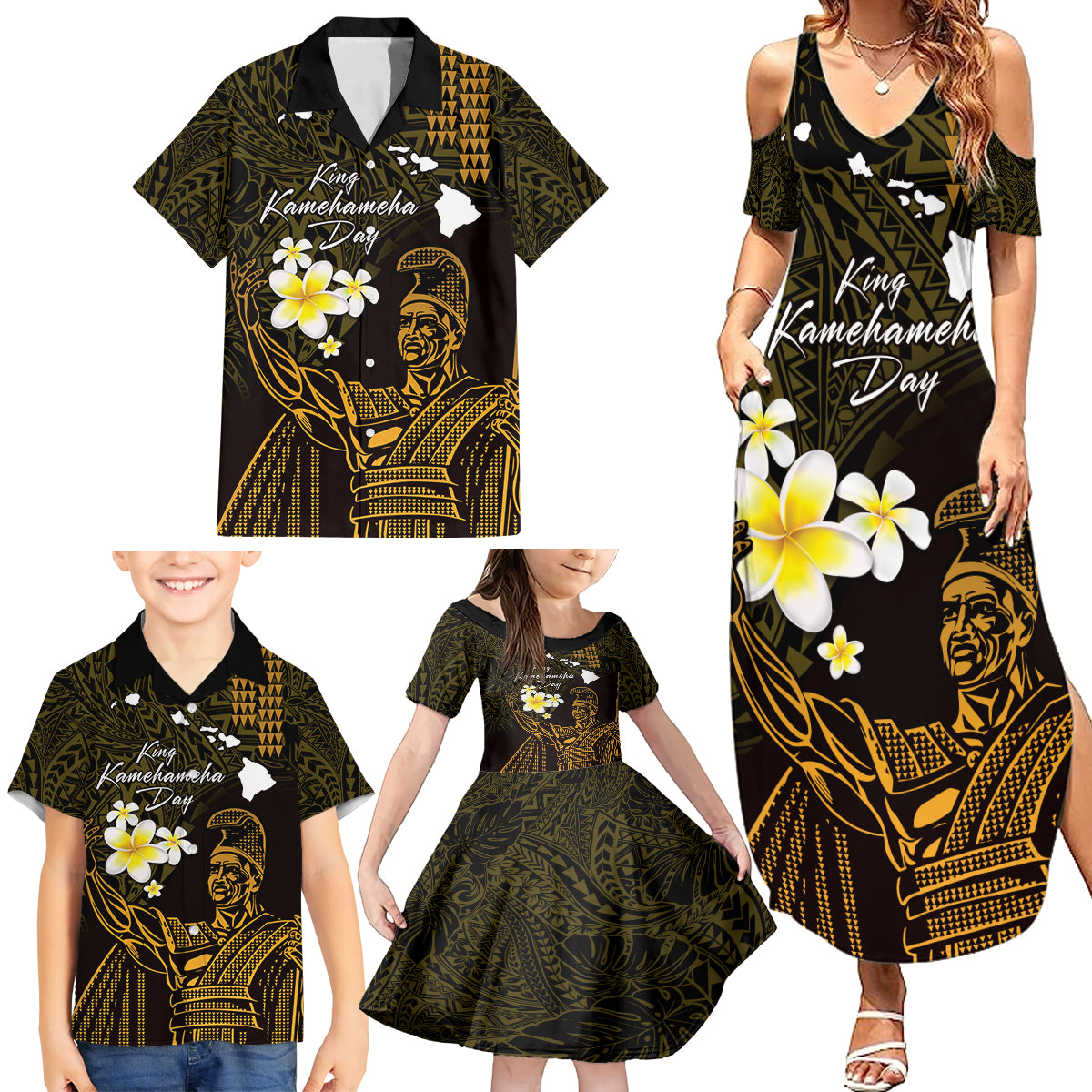 Personalised Hawaii King Kamehameha Day Family Matching Summer Maxi Dress and Hawaiian Shirt Plumeria With Kakau Pattern - Gold LT14 - Polynesian Pride