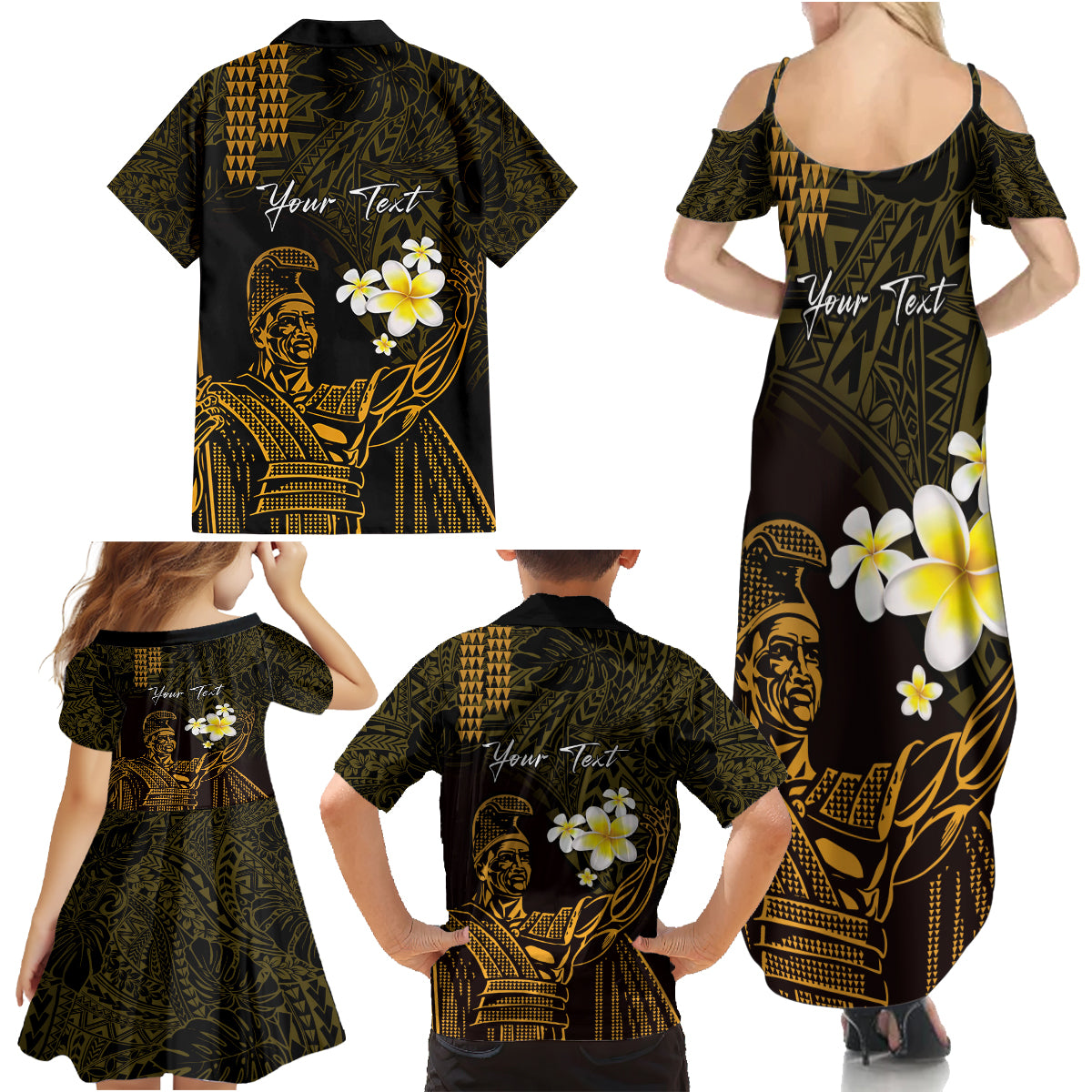 Personalised Hawaii King Kamehameha Day Family Matching Summer Maxi Dress and Hawaiian Shirt Plumeria With Kakau Pattern - Gold LT14 - Polynesian Pride