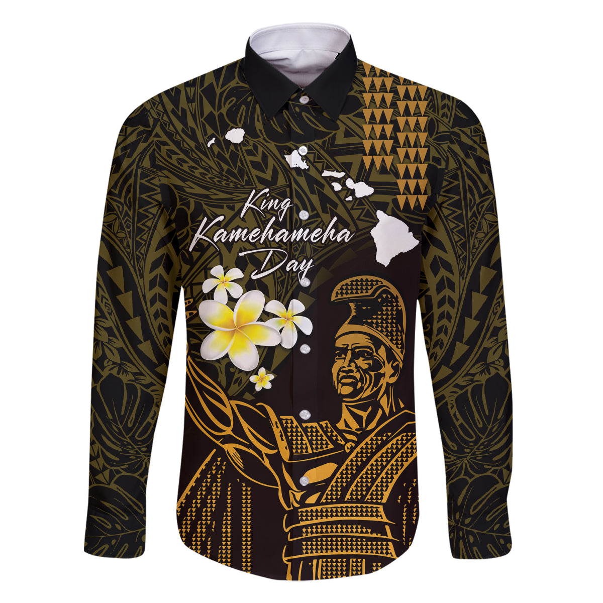 Personalised Hawaii King Kamehameha Day Family Matching Summer Maxi Dress and Hawaiian Shirt Plumeria With Kakau Pattern - Gold LT14 Dad's Shirt - Long Sleeve Gold - Polynesian Pride