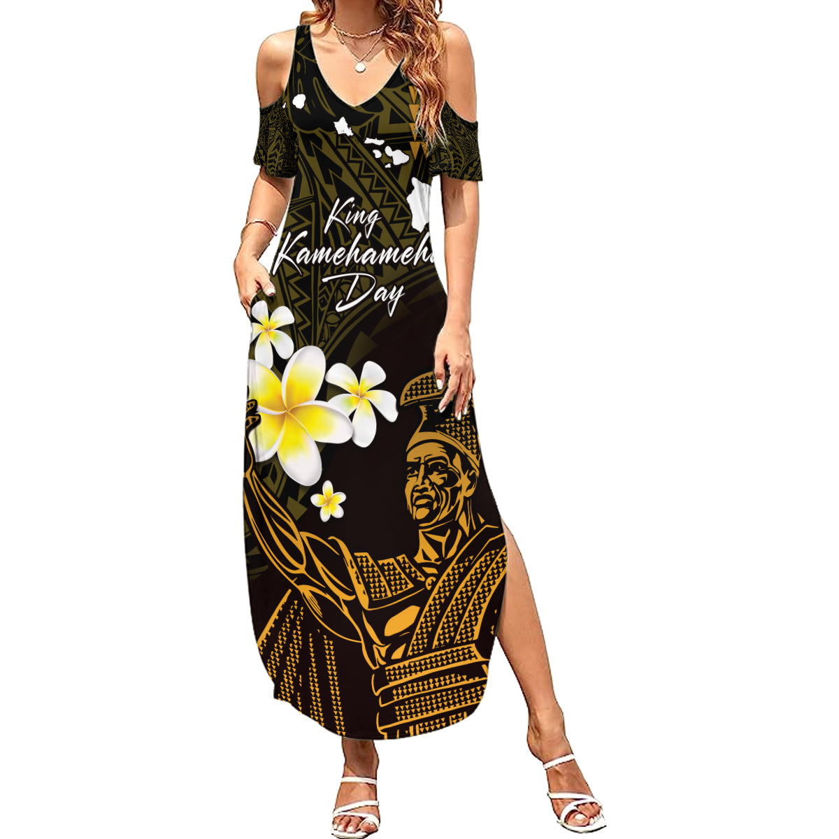 Personalised Hawaii King Kamehameha Day Family Matching Summer Maxi Dress and Hawaiian Shirt Plumeria With Kakau Pattern - Gold LT14 Mom's Dress Gold - Polynesian Pride