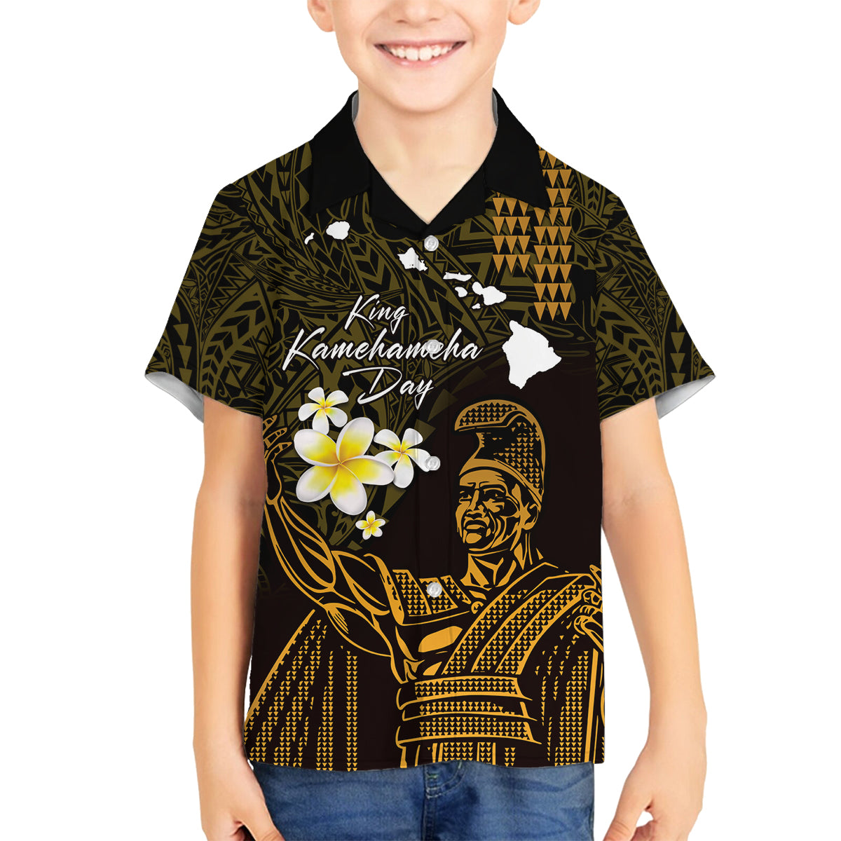 Personalised Hawaii King Kamehameha Day Family Matching Summer Maxi Dress and Hawaiian Shirt Plumeria With Kakau Pattern - Gold LT14 Son's Shirt Gold - Polynesian Pride