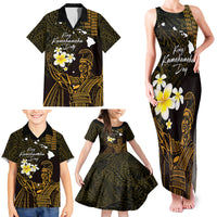 Personalised Hawaii King Kamehameha Day Family Matching Tank Maxi Dress and Hawaiian Shirt Plumeria With Kakau Pattern - Gold LT14 - Polynesian Pride