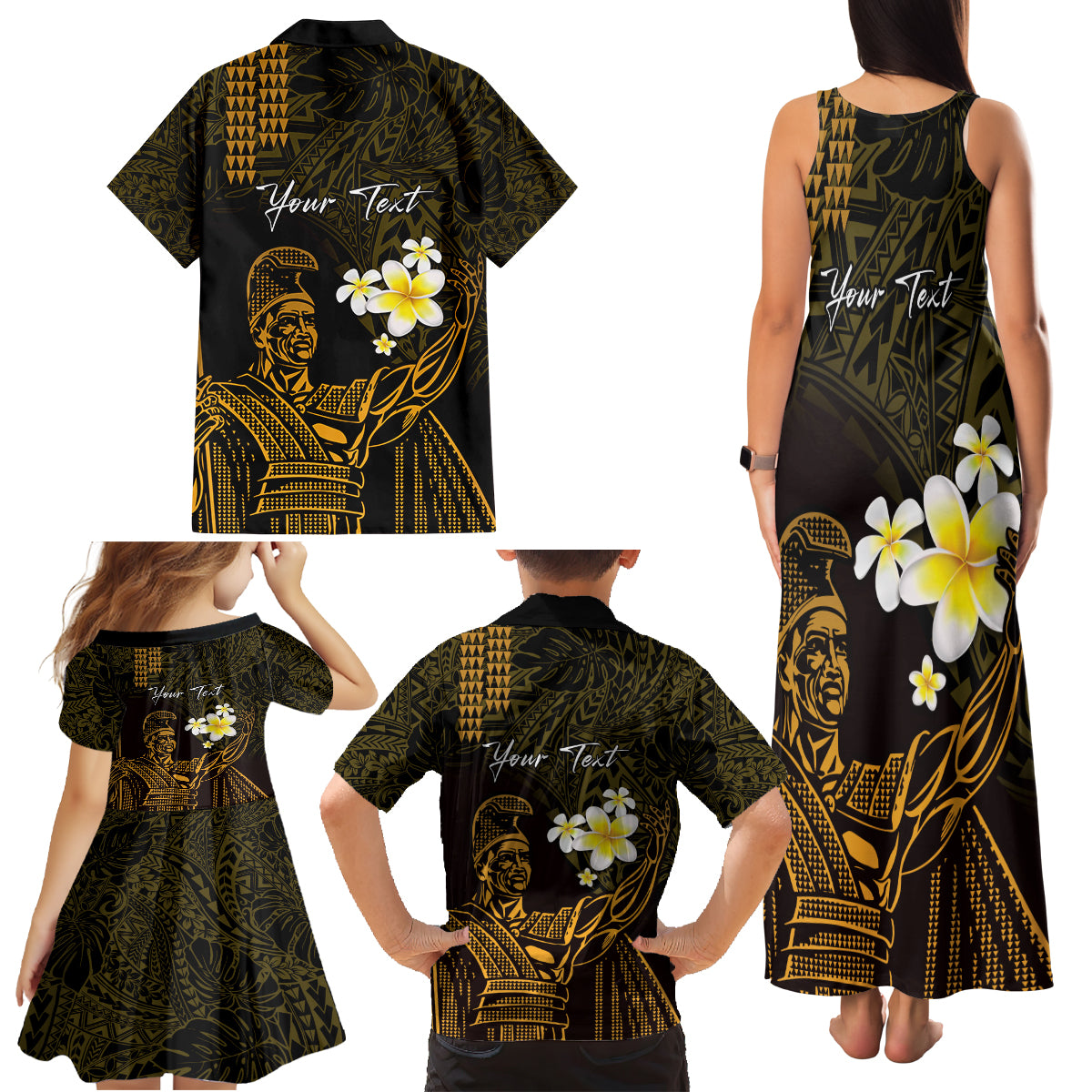 Personalised Hawaii King Kamehameha Day Family Matching Tank Maxi Dress and Hawaiian Shirt Plumeria With Kakau Pattern - Gold LT14 - Polynesian Pride