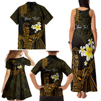 Personalised Hawaii King Kamehameha Day Family Matching Tank Maxi Dress and Hawaiian Shirt Plumeria With Kakau Pattern - Gold LT14 - Polynesian Pride