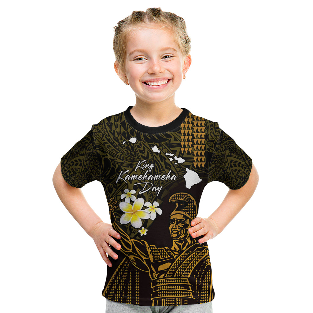 Personalised Hawaii King Kamehameha Day Kid T Shirt Plumeria With Kakau Pattern - Gold