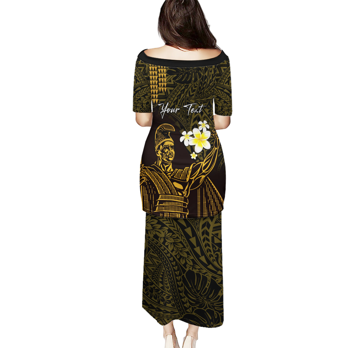 Personalised Hawaii King Kamehameha Day Puletasi Plumeria With Kakau Pattern - Gold
