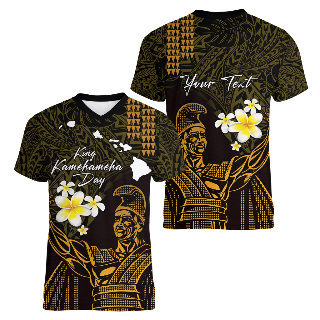 Personalised Hawaii King Kamehameha Day Women V Neck T Shirt Plumeria With Kakau Pattern - Gold