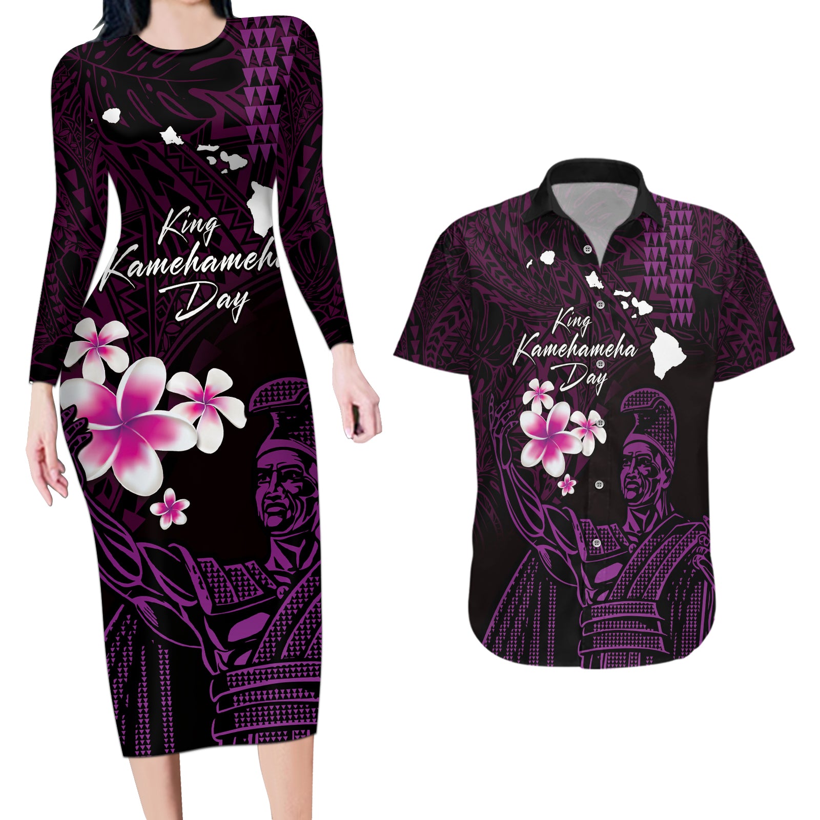 Personalised Hawaii King Kamehameha Day Couples Matching Long Sleeve Bodycon Dress and Hawaiian Shirt Plumeria With Kakau Pattern - Purple