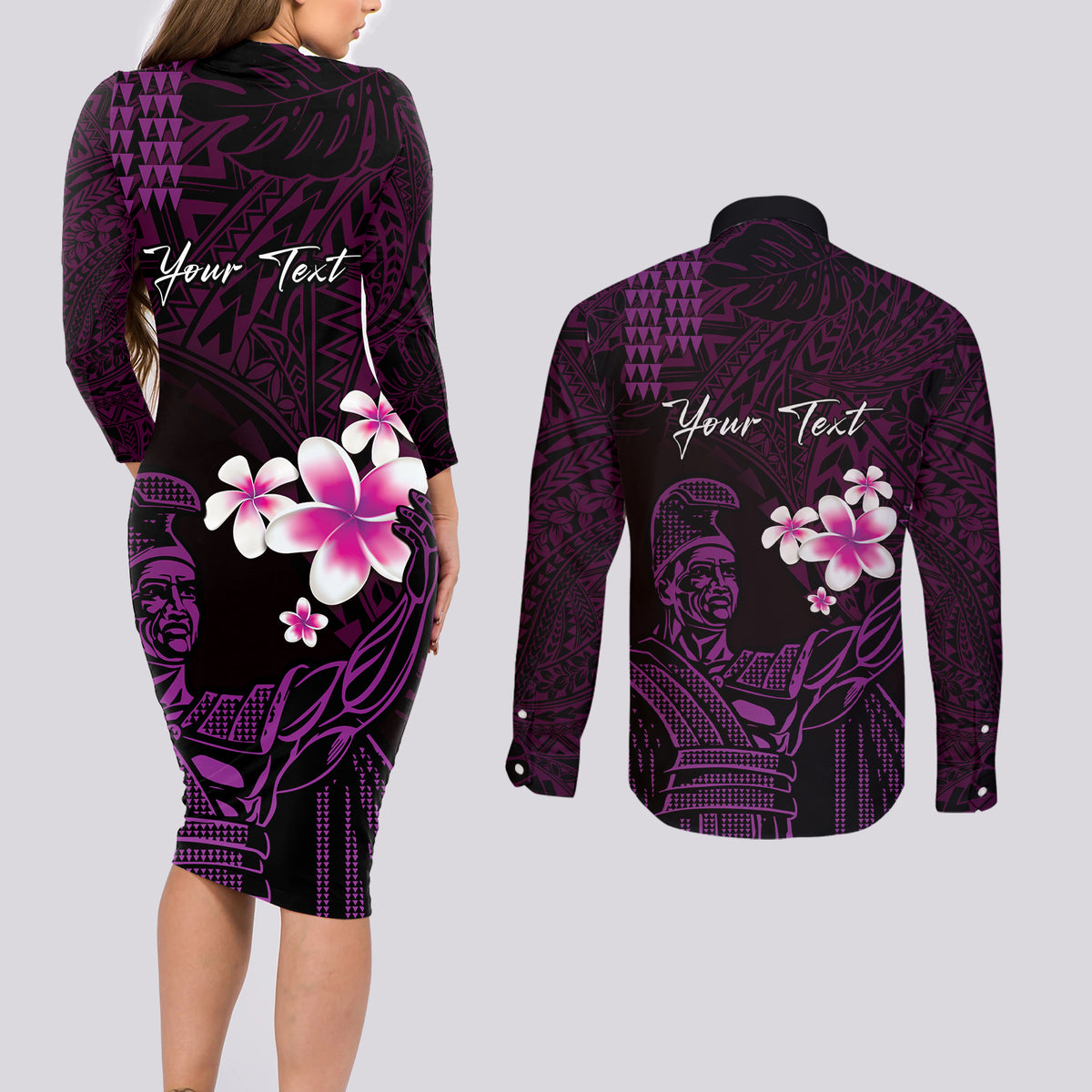 Personalised Hawaii King Kamehameha Day Couples Matching Long Sleeve Bodycon Dress and Long Sleeve Button Shirt Plumeria With Kakau Pattern - Purple LT14 - Polynesian Pride