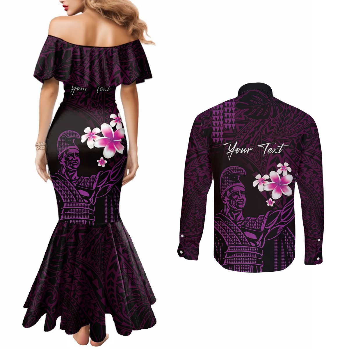 Personalised Hawaii King Kamehameha Day Couples Matching Mermaid Dress and Long Sleeve Button Shirt Plumeria With Kakau Pattern - Purple