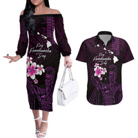 Personalised Hawaii King Kamehameha Day Couples Matching Off The Shoulder Long Sleeve Dress and Hawaiian Shirt Plumeria With Kakau Pattern - Purple LT14 Purple - Polynesian Pride