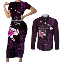 Personalised Hawaii King Kamehameha Day Couples Matching Short Sleeve Bodycon Dress and Long Sleeve Button Shirt Plumeria With Kakau Pattern - Purple LT14 Purple - Polynesian Pride