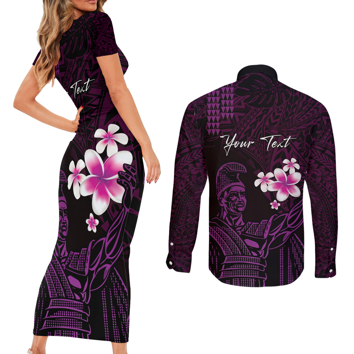 Personalised Hawaii King Kamehameha Day Couples Matching Short Sleeve Bodycon Dress and Long Sleeve Button Shirt Plumeria With Kakau Pattern - Purple LT14 - Polynesian Pride