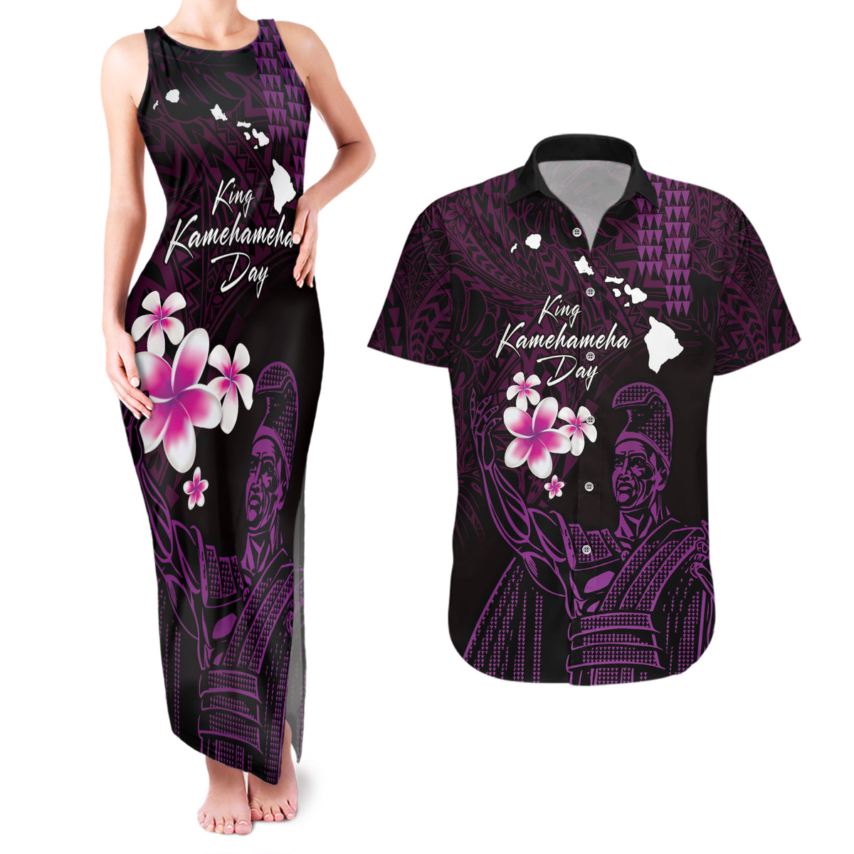 Personalised Hawaii King Kamehameha Day Couples Matching Tank Maxi Dress and Hawaiian Shirt Plumeria With Kakau Pattern - Purple LT14 Purple - Polynesian Pride
