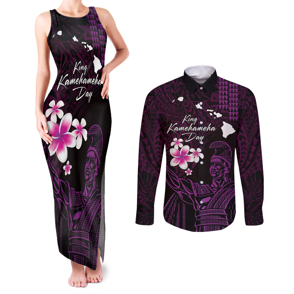 Personalised Hawaii King Kamehameha Day Couples Matching Tank Maxi Dress and Long Sleeve Button Shirt Plumeria With Kakau Pattern - Purple