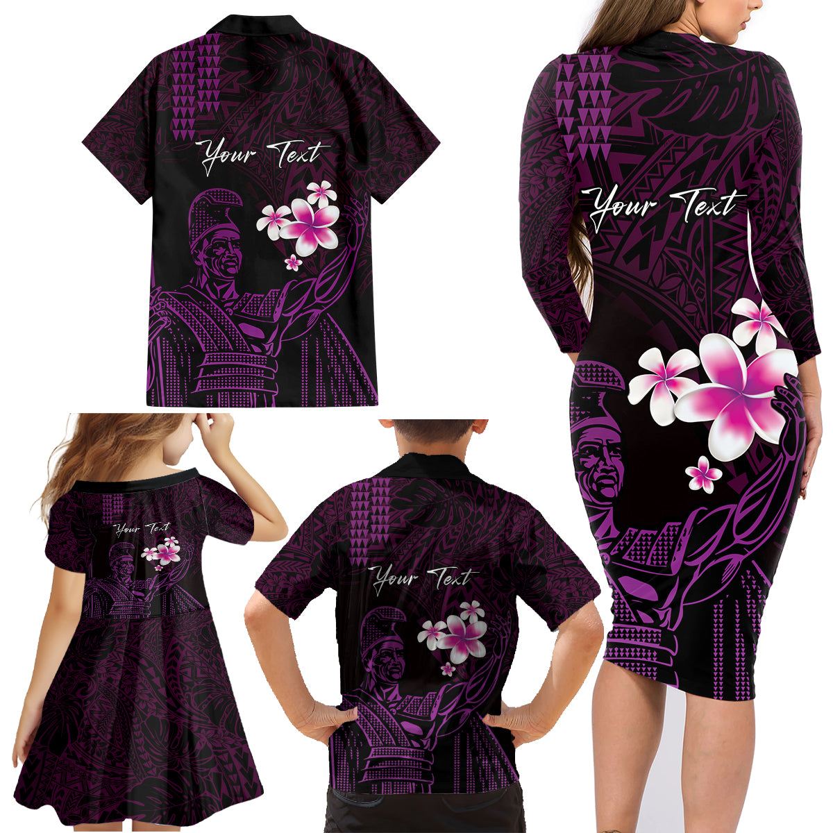 Personalised Hawaii King Kamehameha Day Family Matching Long Sleeve Bodycon Dress and Hawaiian Shirt Plumeria With Kakau Pattern - Purple LT14 - Polynesian Pride