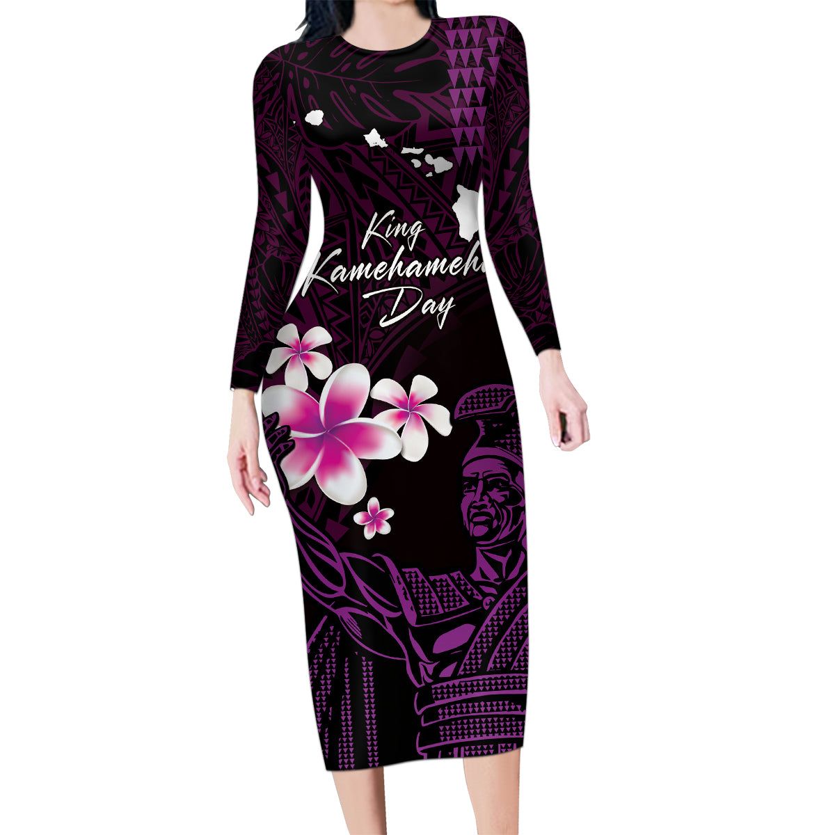 Personalised Hawaii King Kamehameha Day Family Matching Long Sleeve Bodycon Dress and Hawaiian Shirt Plumeria With Kakau Pattern - Purple LT14 Mom's Dress Purple - Polynesian Pride