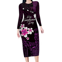 Personalised Hawaii King Kamehameha Day Family Matching Long Sleeve Bodycon Dress and Hawaiian Shirt Plumeria With Kakau Pattern - Purple LT14 Mom's Dress Purple - Polynesian Pride