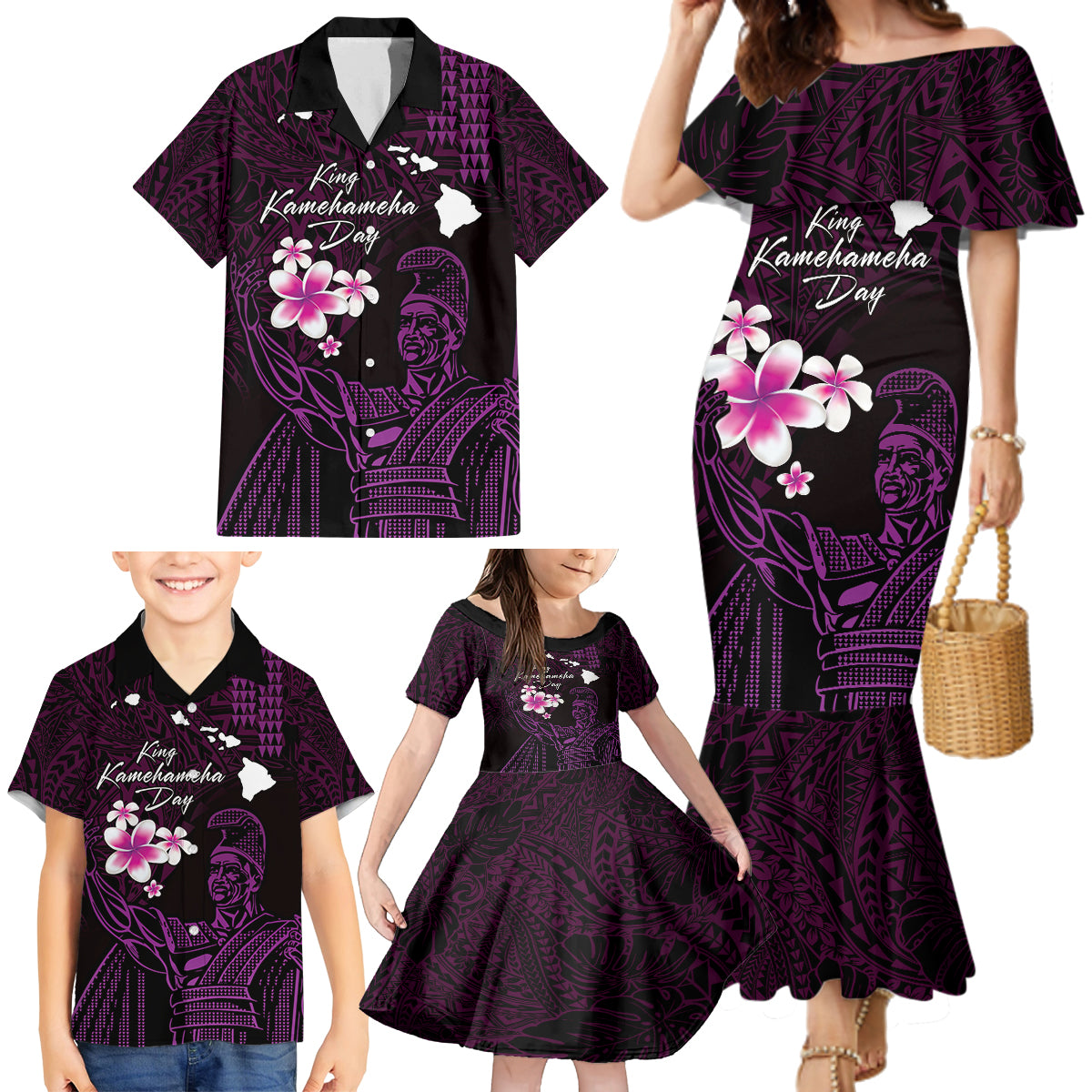 Personalised Hawaii King Kamehameha Day Family Matching Mermaid Dress and Hawaiian Shirt Plumeria With Kakau Pattern - Purple LT14 - Polynesian Pride