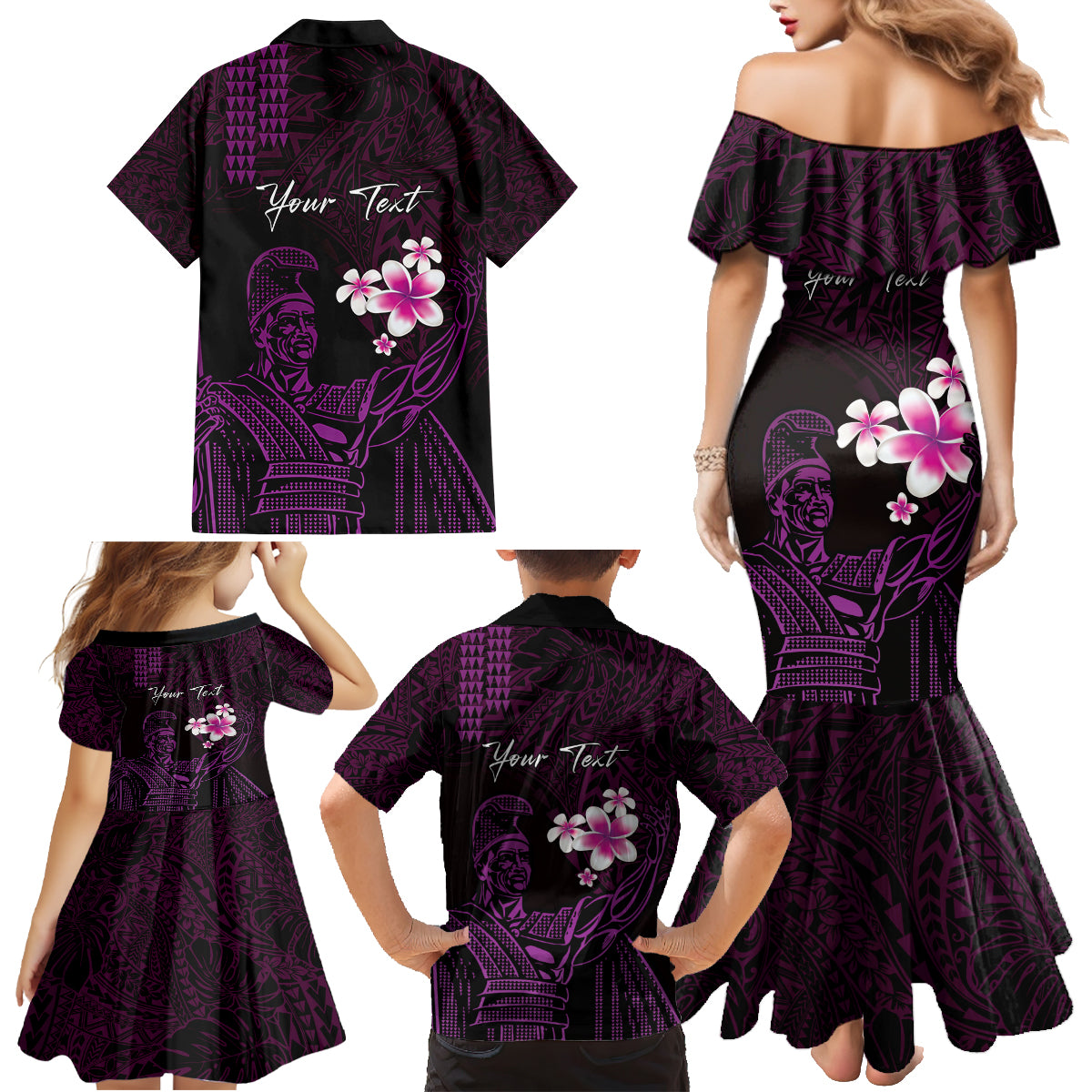 Personalised Hawaii King Kamehameha Day Family Matching Mermaid Dress and Hawaiian Shirt Plumeria With Kakau Pattern - Purple LT14 - Polynesian Pride