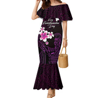 Personalised Hawaii King Kamehameha Day Family Matching Mermaid Dress and Hawaiian Shirt Plumeria With Kakau Pattern - Purple LT14 Mom's Dress Purple - Polynesian Pride