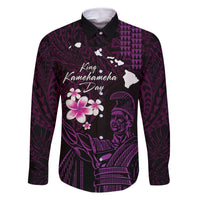 Personalised Hawaii King Kamehameha Day Family Matching Off The Shoulder Long Sleeve Dress and Hawaiian Shirt Plumeria With Kakau Pattern - Purple LT14 Dad's Shirt - Long Sleeve Purple - Polynesian Pride