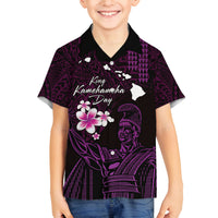 Personalised Hawaii King Kamehameha Day Family Matching Off The Shoulder Long Sleeve Dress and Hawaiian Shirt Plumeria With Kakau Pattern - Purple LT14 Son's Shirt Purple - Polynesian Pride