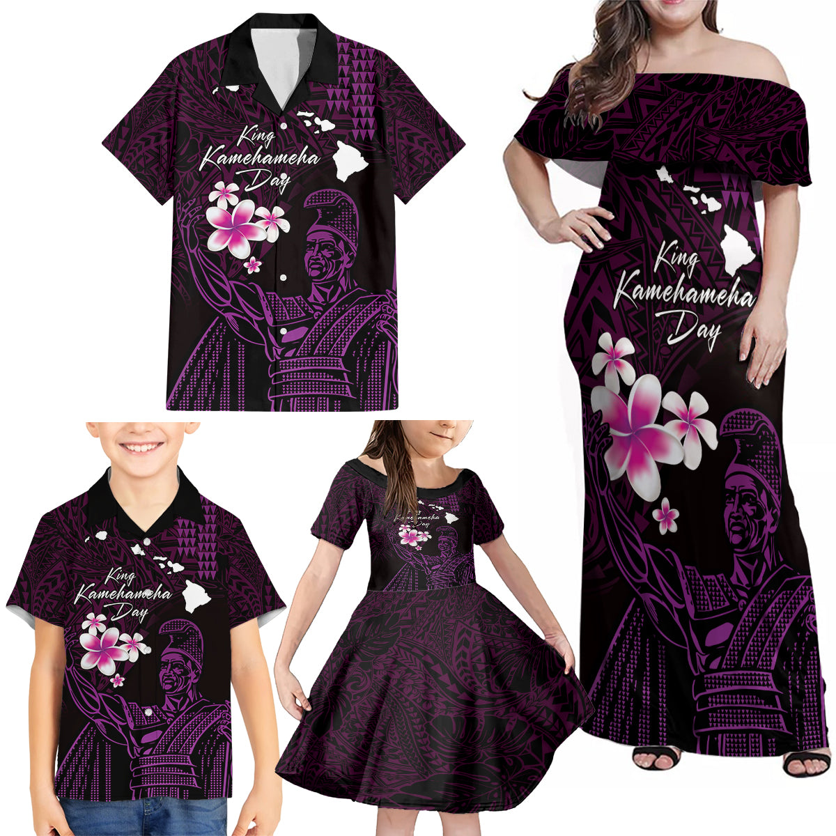 Personalised Hawaii King Kamehameha Day Family Matching Off Shoulder Maxi Dress and Hawaiian Shirt Plumeria With Kakau Pattern - Purple LT14 - Polynesian Pride