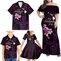 Personalised Hawaii King Kamehameha Day Family Matching Off Shoulder Maxi Dress and Hawaiian Shirt Plumeria With Kakau Pattern - Purple LT14 - Polynesian Pride