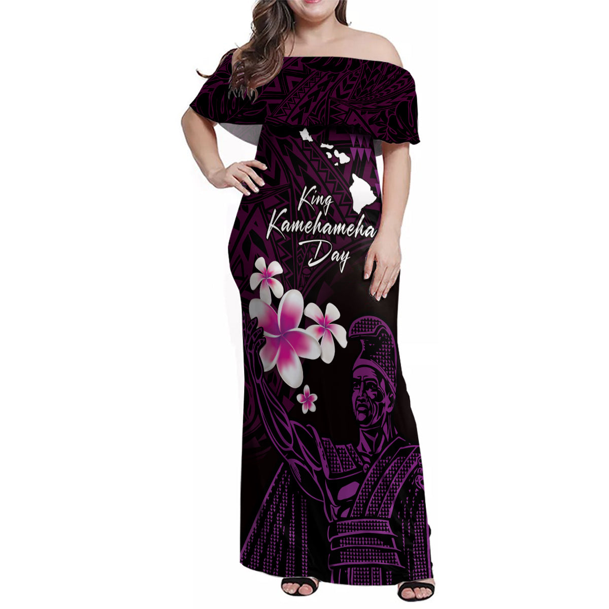 Personalised Hawaii King Kamehameha Day Family Matching Off Shoulder Maxi Dress and Hawaiian Shirt Plumeria With Kakau Pattern - Purple LT14 Mom's Dress Purple - Polynesian Pride