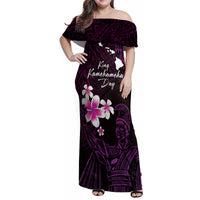 Personalised Hawaii King Kamehameha Day Family Matching Off Shoulder Maxi Dress and Hawaiian Shirt Plumeria With Kakau Pattern - Purple LT14 Mom's Dress Purple - Polynesian Pride