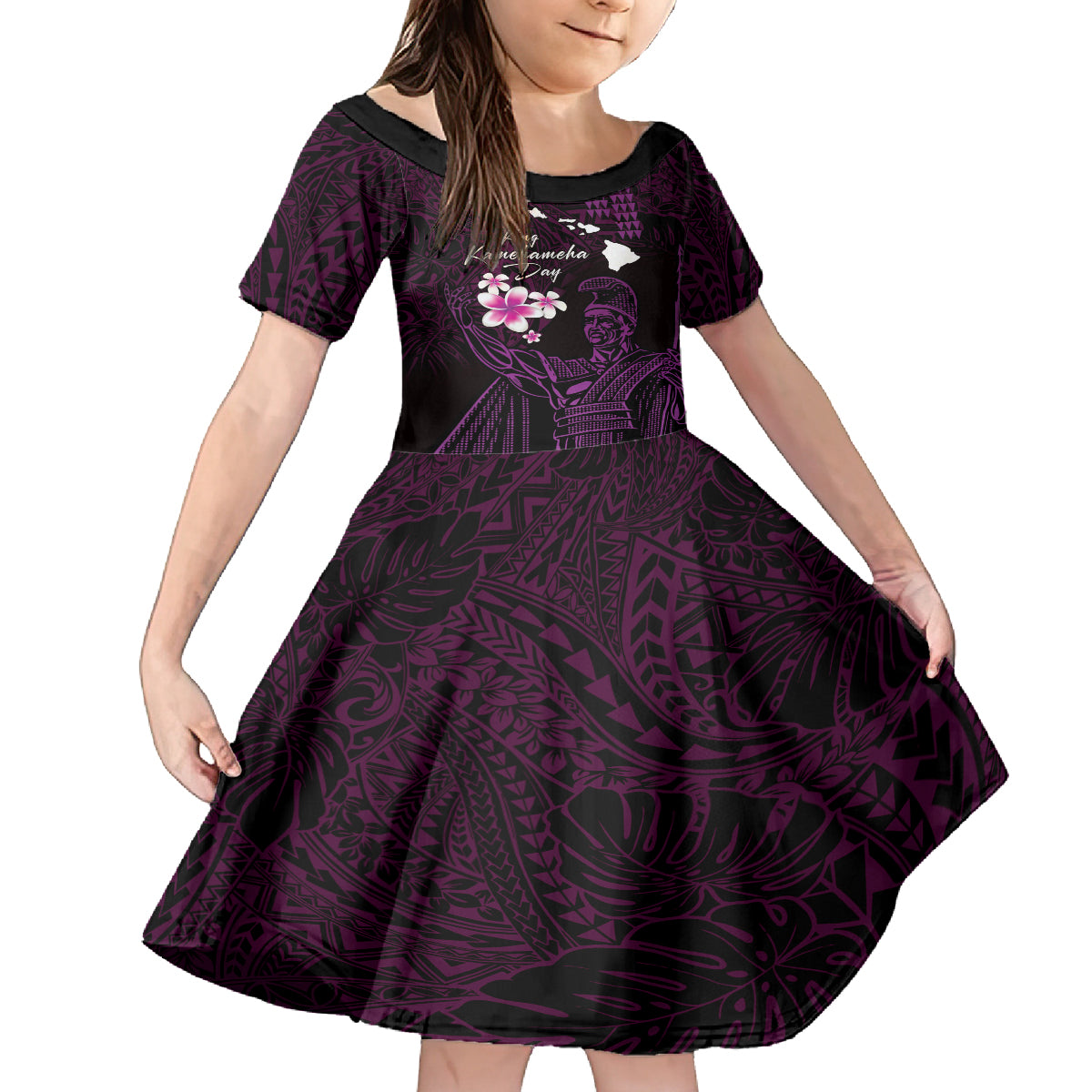 Personalised Hawaii King Kamehameha Day Family Matching Puletasi and Hawaiian Shirt Plumeria With Kakau Pattern - Purple LT14 Daughter's Dress Purple - Polynesian Pride