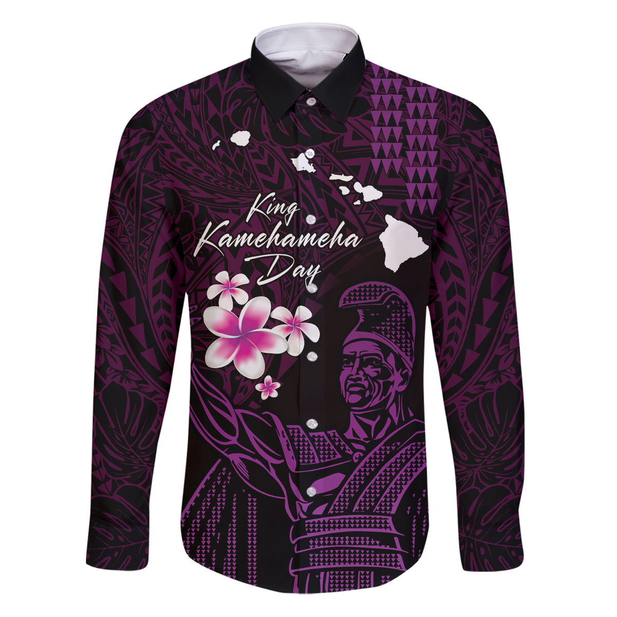 Personalised Hawaii King Kamehameha Day Family Matching Puletasi and Hawaiian Shirt Plumeria With Kakau Pattern - Purple LT14 Dad's Shirt - Long Sleeve Purple - Polynesian Pride