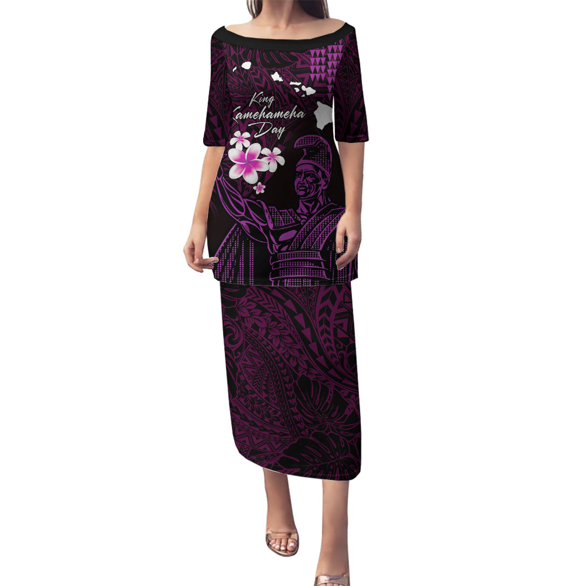 Personalised Hawaii King Kamehameha Day Family Matching Puletasi and Hawaiian Shirt Plumeria With Kakau Pattern - Purple LT14 Mom's Dress Purple - Polynesian Pride