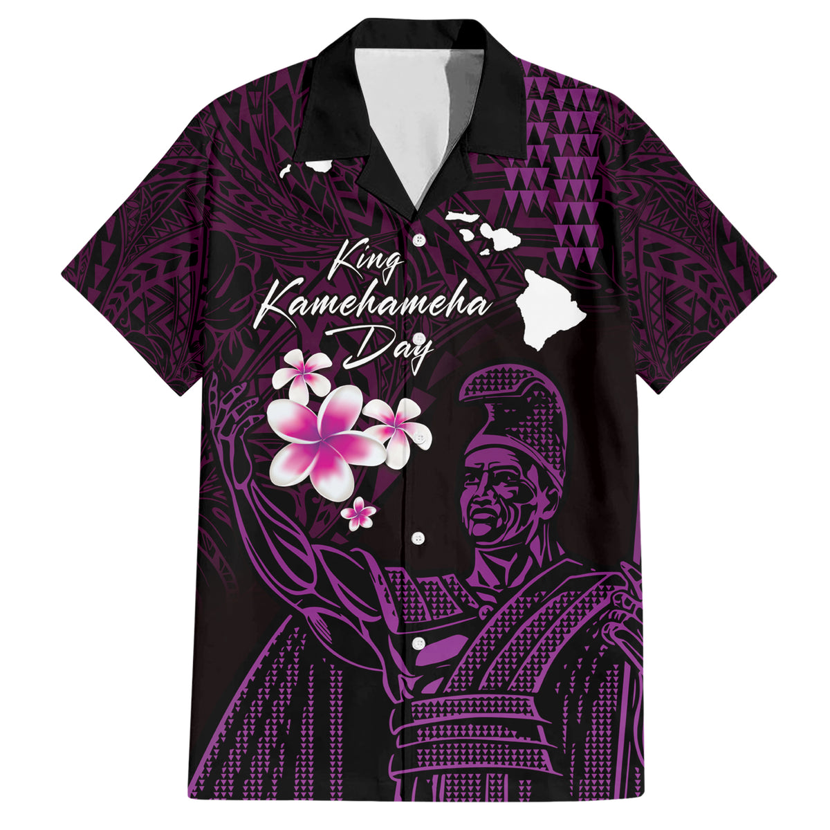 Personalised Hawaii King Kamehameha Day Family Matching Short Sleeve Bodycon Dress and Hawaiian Shirt Plumeria With Kakau Pattern - Purple LT14 Dad's Shirt - Short Sleeve Purple - Polynesian Pride