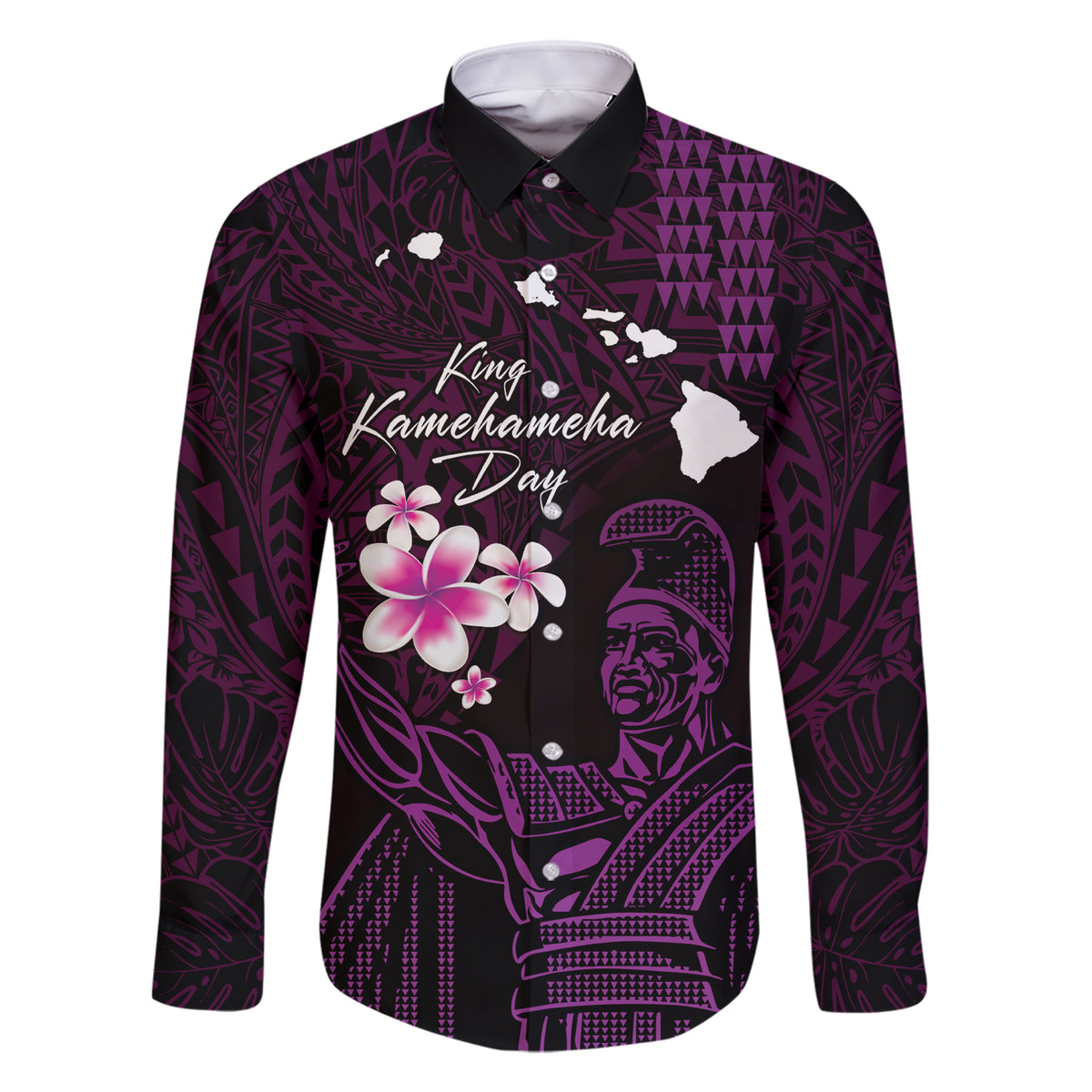 Personalised Hawaii King Kamehameha Day Family Matching Short Sleeve Bodycon Dress and Hawaiian Shirt Plumeria With Kakau Pattern - Purple LT14 Dad's Shirt - Long Sleeve Purple - Polynesian Pride