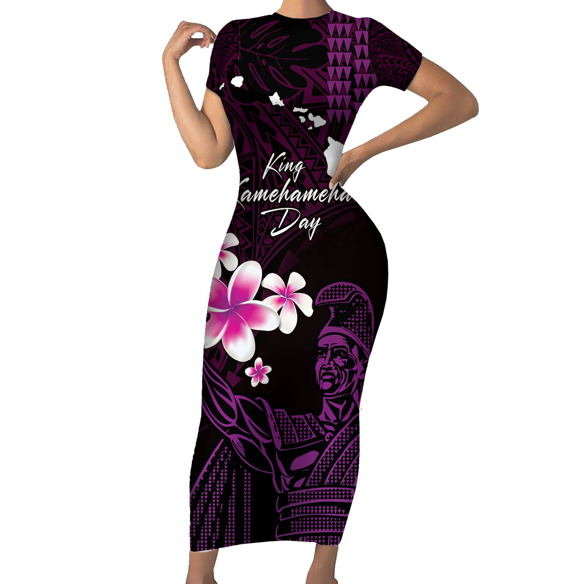 Personalised Hawaii King Kamehameha Day Family Matching Short Sleeve Bodycon Dress and Hawaiian Shirt Plumeria With Kakau Pattern - Purple LT14 Mom's Dress Purple - Polynesian Pride