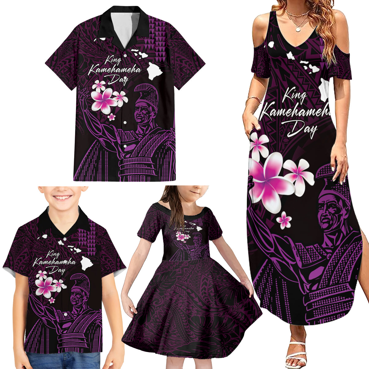Personalised Hawaii King Kamehameha Day Family Matching Summer Maxi Dress and Hawaiian Shirt Plumeria With Kakau Pattern - Purple LT14 - Polynesian Pride