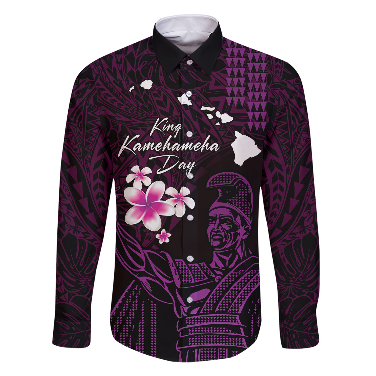 Personalised Hawaii King Kamehameha Day Family Matching Summer Maxi Dress and Hawaiian Shirt Plumeria With Kakau Pattern - Purple LT14 Dad's Shirt - Long Sleeve Purple - Polynesian Pride